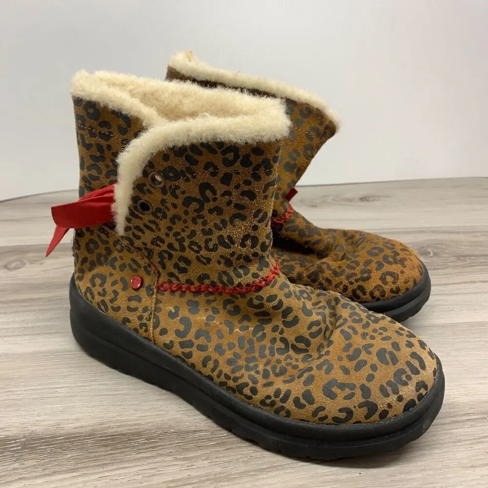 UGG‎ I Love Ugg Leopard Print Boots Size 6 Womens Pull On Red Ribbon